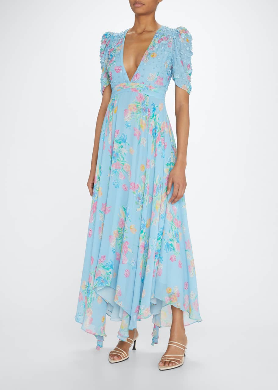 LoveShackFancy Akira Embellished Long Floral V-Neck Dress - Bergdorf Goodman