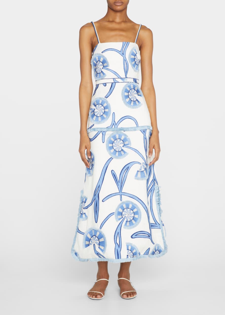 Bouquet Embroidered Floral Linen Midi Dress
