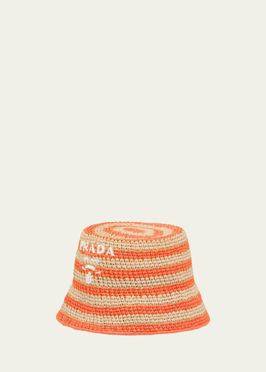 Prada Logo Striped Raffia Bucket Hat - Bergdorf Goodman