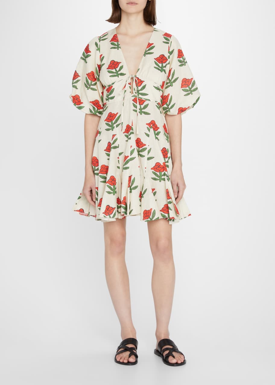 Rhode Madeline Floral Short-Puff Sleeve Fit-And-Flare Mini Dress ...