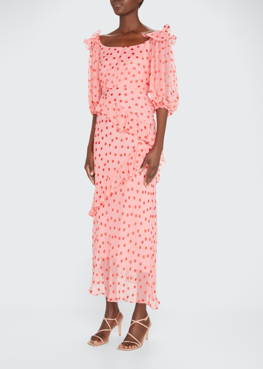 Image 1 of 1: Chiara Tiered Ruffle Polka-Dot Silk Jacquard Maxi Dress