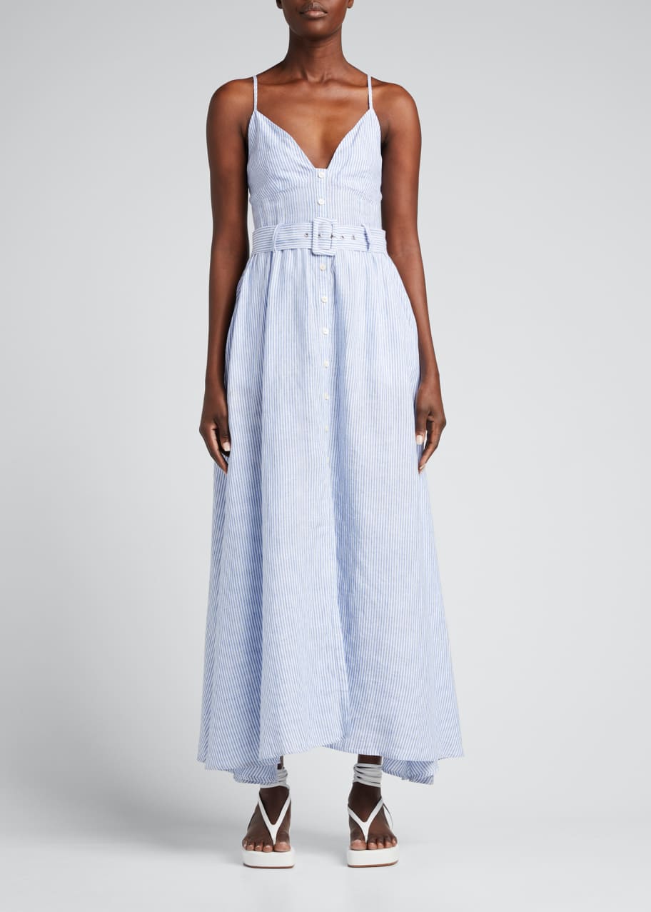 SIMKHAI Vicky Striped Linen Bustier Maxi Dress w/ Belt - Bergdorf Goodman
