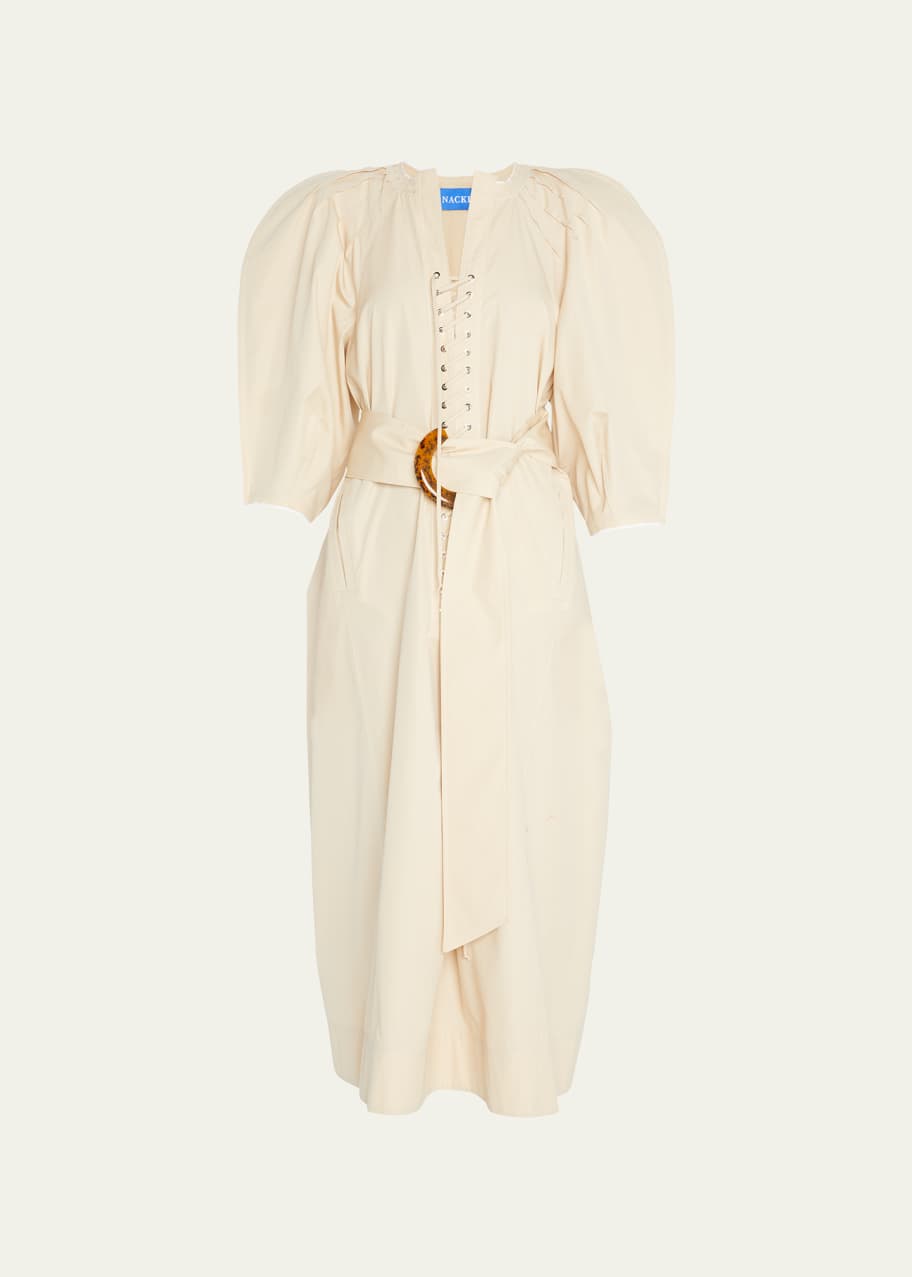 Image 1 of 1: Odalique Lace-Up Belted Midi Caftan Dress