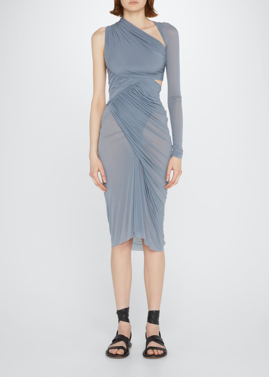 navy blue dress for baby girl Rick Owens Ruched Jersey Asymmetric-Neck Dress