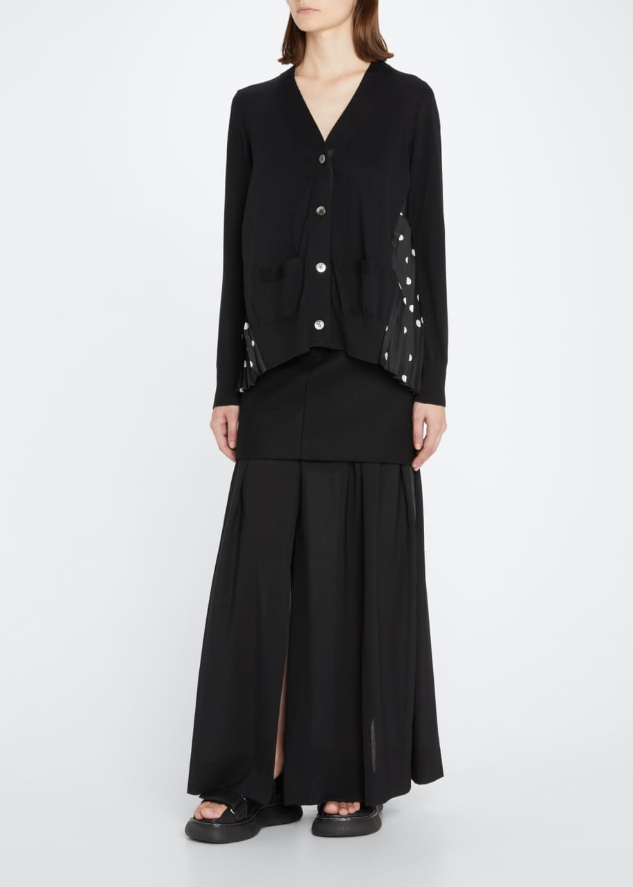 Image 1 of 1: Pleated Polka Dot-Print Back Cardigan Sweater