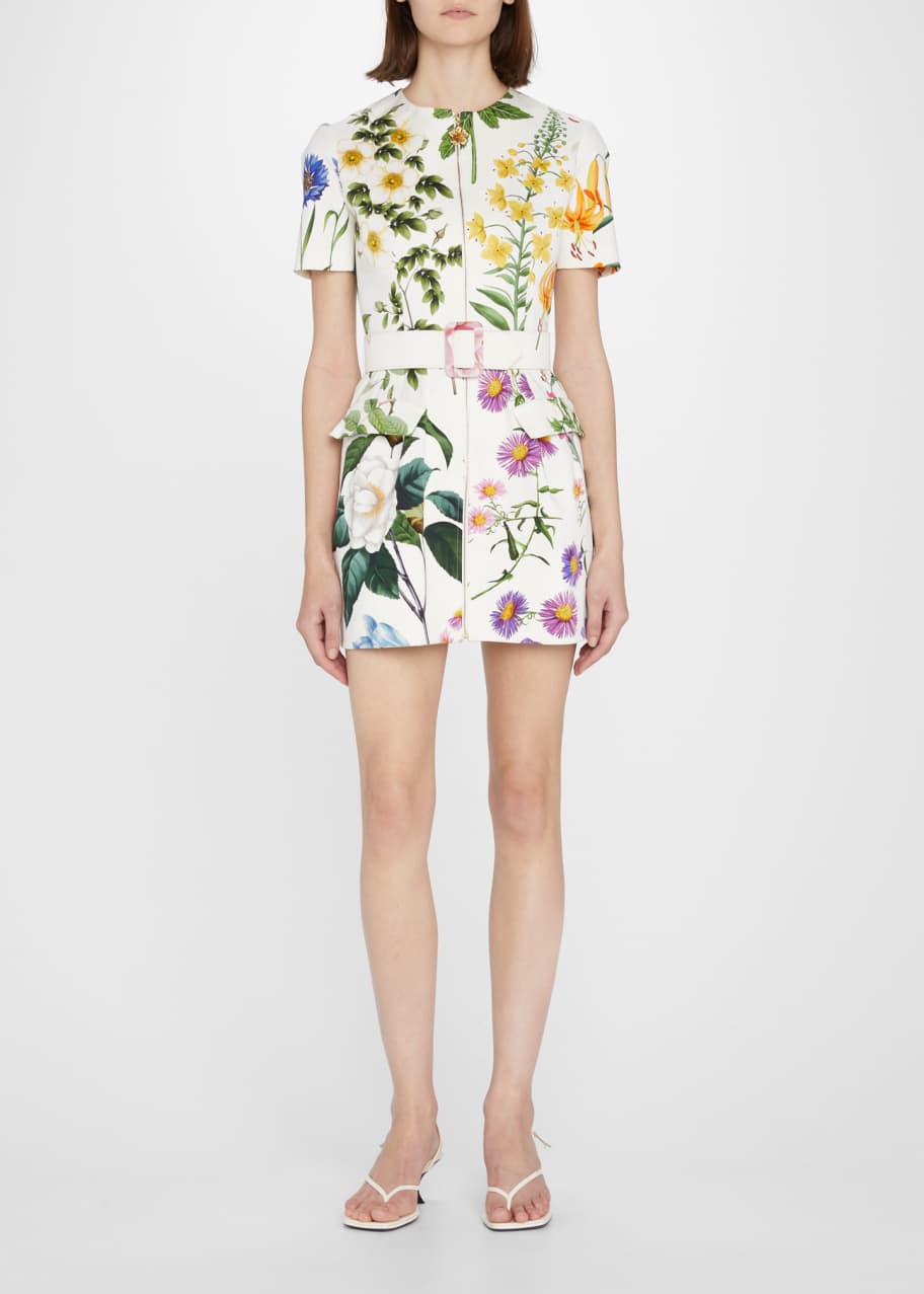 Oscar de la Renta Floral Print Belted Zip Front Twill Mini Dress Bergdorf Goodman