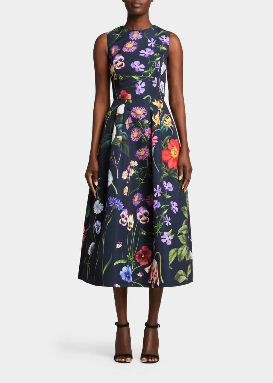 Oscar de la Renta Floral Pleated Faille Midi Dress - Bergdorf Goodman