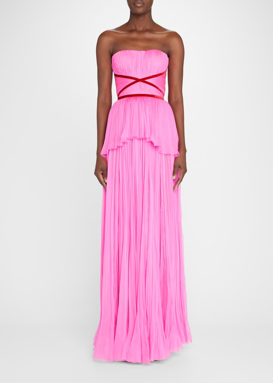 Strapless Chiffon Pleated Velvet Trim Gown