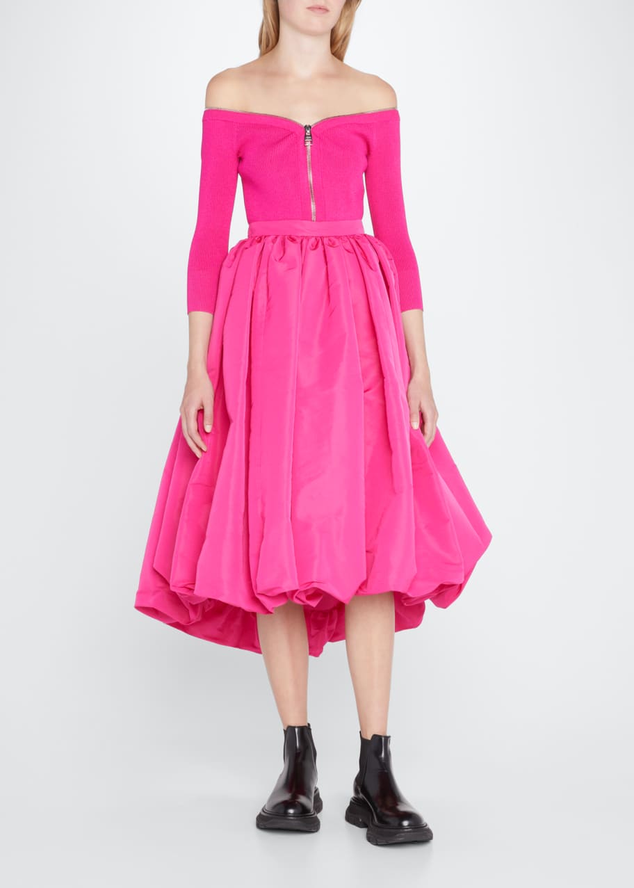 knee length dresses for ladies Blue Satin Pleated Bodice Puff Sleeve Midi Dress  PinkBlush