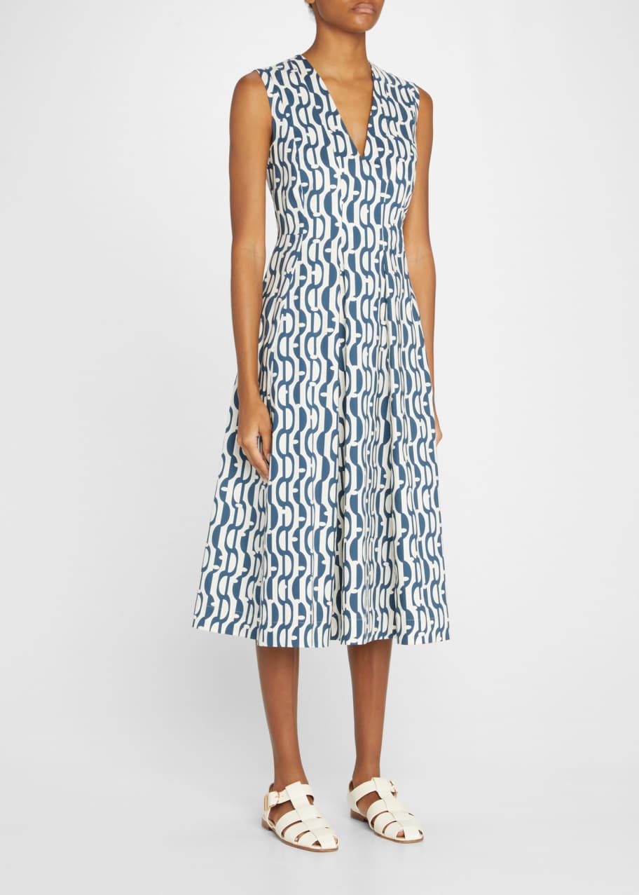 knee length dresses for ladies Svara – Blue Geometric Print Midi Dress with Tie-Up Sleeves main image 0
