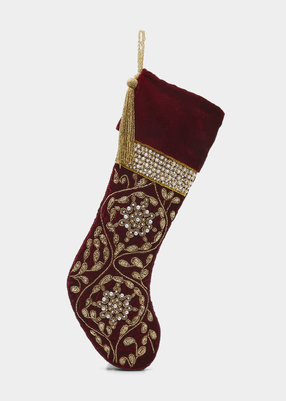 Sudha Pennathur Beaded Christmas Stocking with Faux Pearl Border Under Cuff Bergdorf Goodman