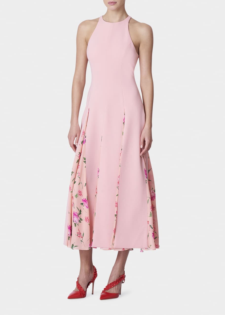 Carolina Herrera Floral-Chiffon Godet Halter Tea-Length Dress ...