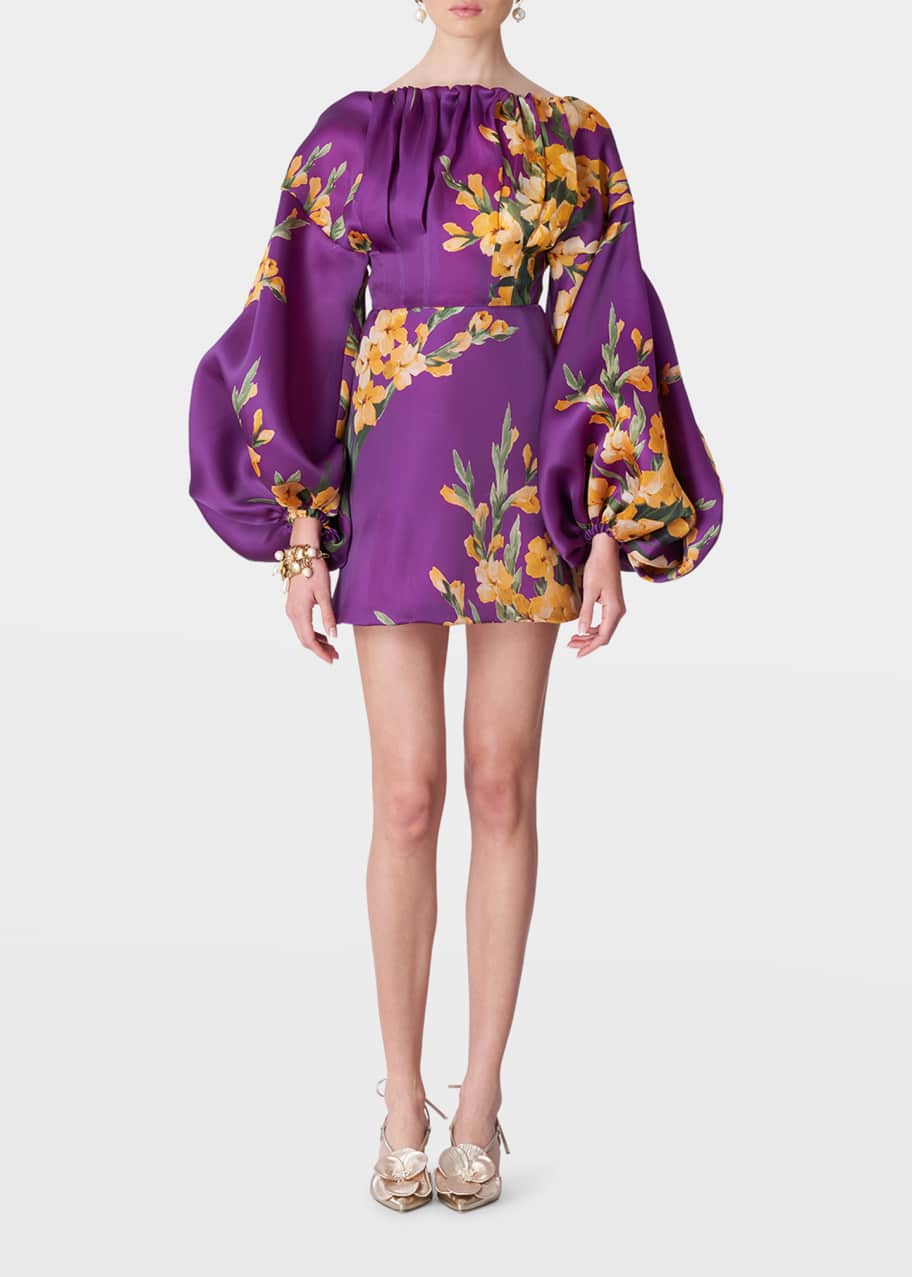 Carolina Herrera Floral Exaggerated Puff-Sleeve Gathered Mini Dress ...