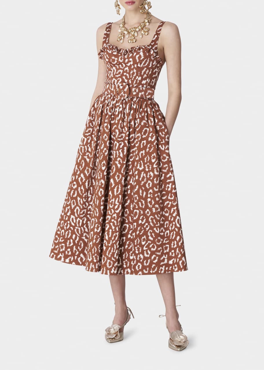 Leopard Print Ruffle Bustier Belted Midi Dress
