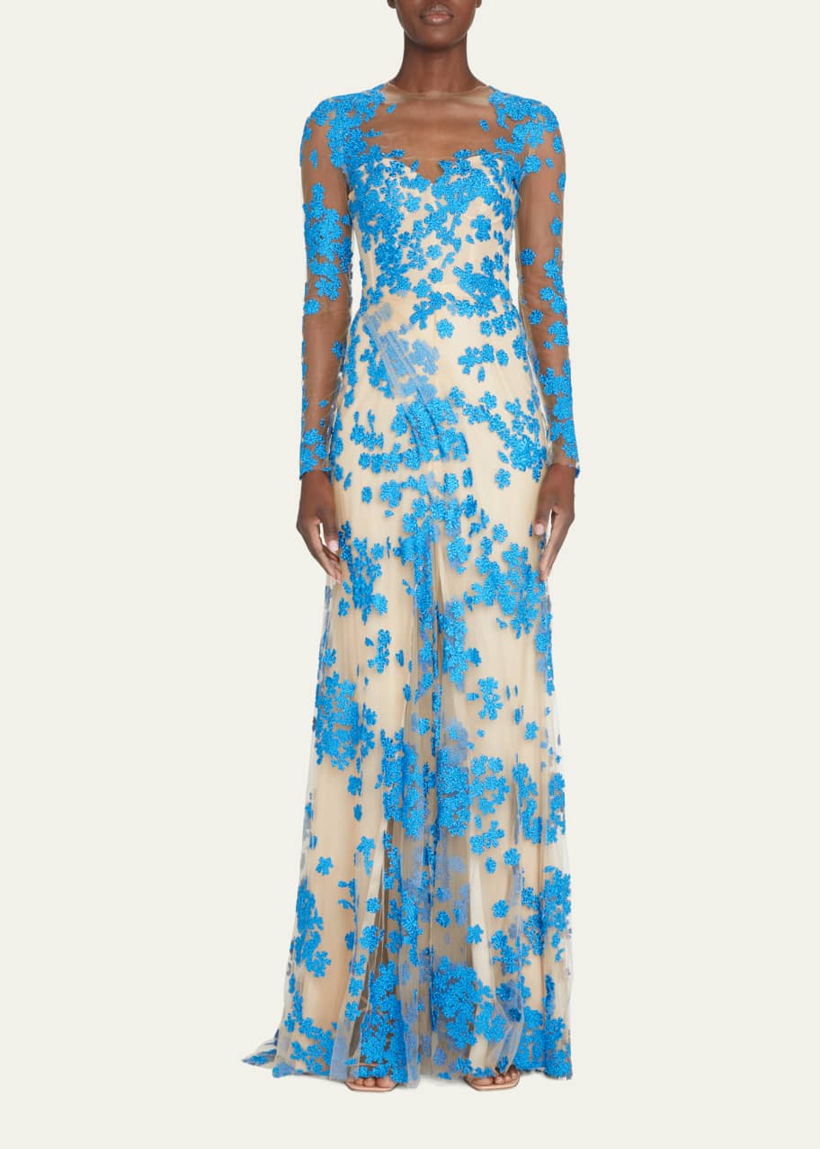 Monique Lhuillier Tulle Floral-Embroidered Illusion Gown - Bergdorf Goodman