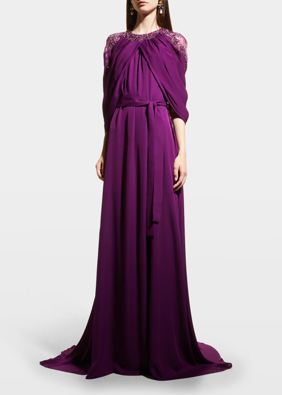 Pamella Roland Crystal Embroidered Draped Georgette Caftan Gown - Bergdorf  Goodman
