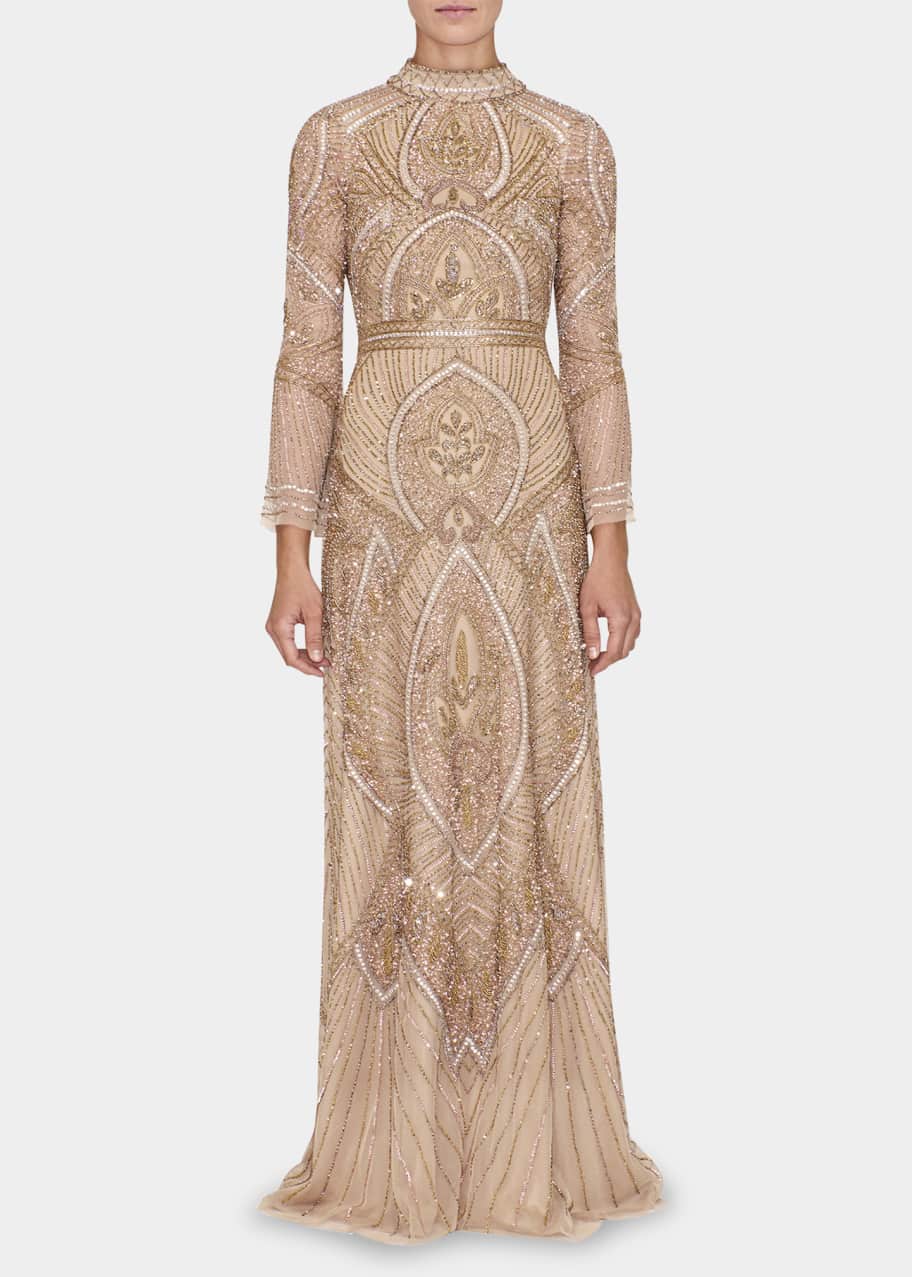 Reem Acra Embroidered High-Neck Back-Cutout Gown - Bergdorf Goodman