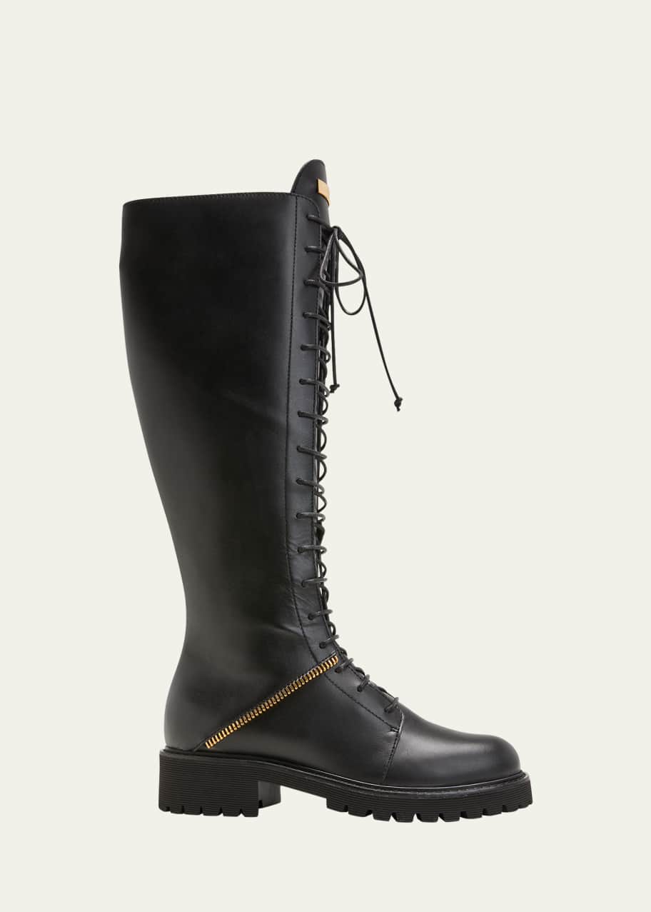 Image 1 of 1: Calfskin Zipper Tall Combat Boots