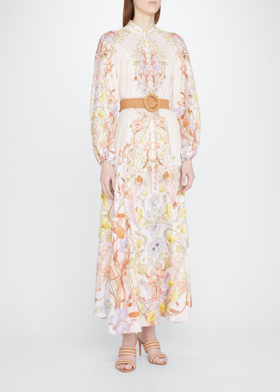 Zimmermann Jeannie Floral Button-Front Long-Sleeve Belted Maxi