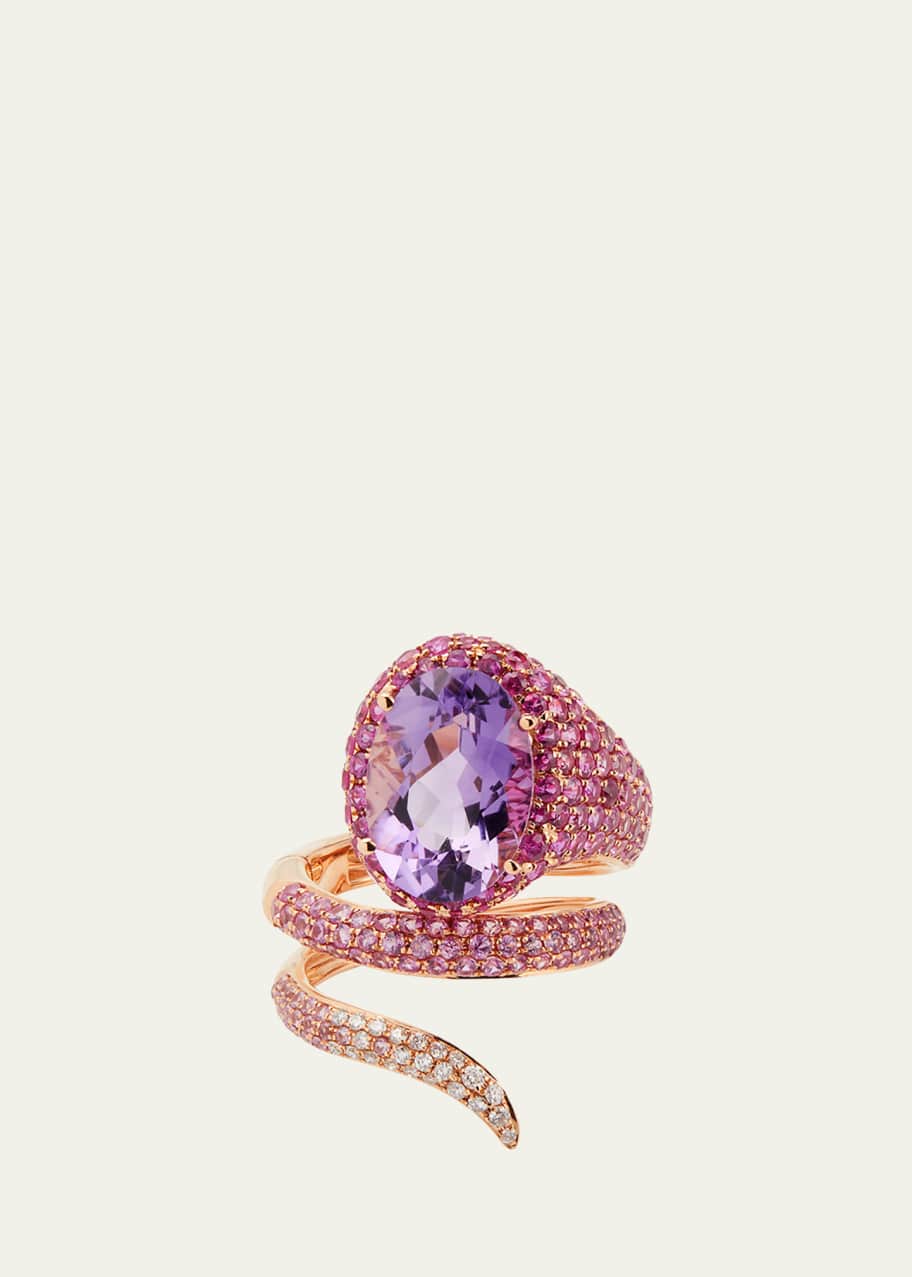 Image 1 of 1: Rose Gold Pink Sapphire and Amethyst Convertible Ring with Diamond Halo, Size 7