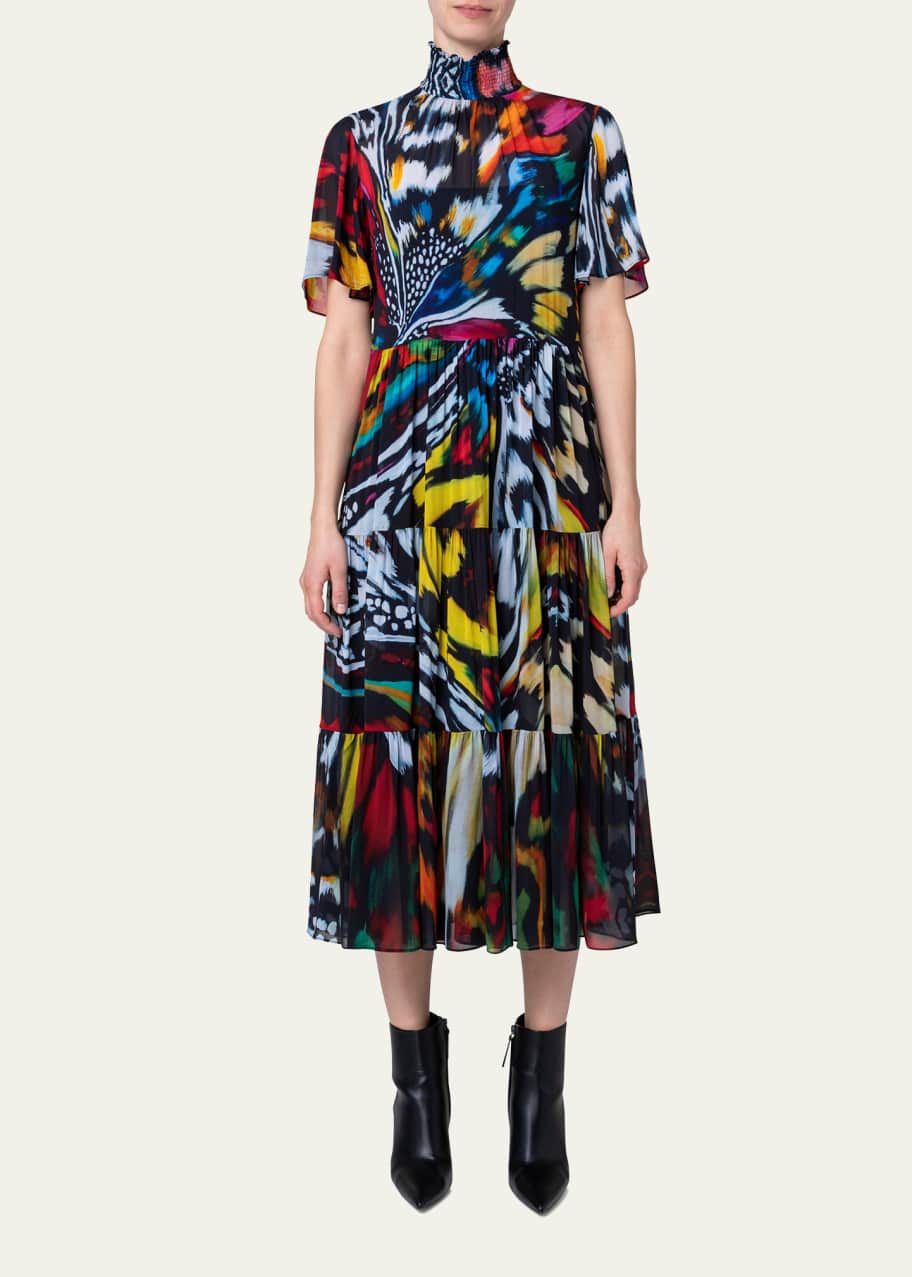 Image 1 of 1: Butterfly-Print Tiered Midi Dress