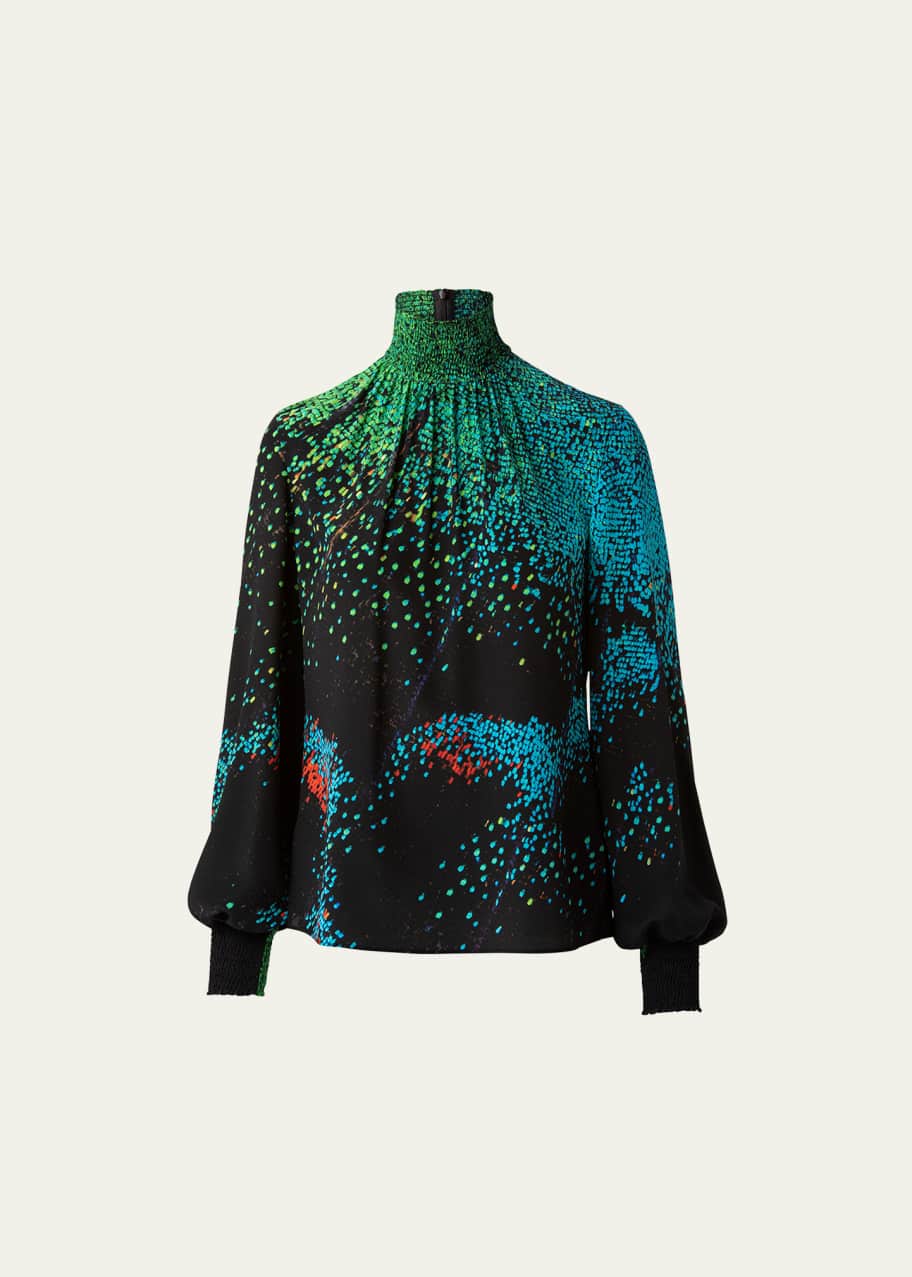 Image 1 of 1: Close-Up Butterfly Wing-Print Silk Blouse