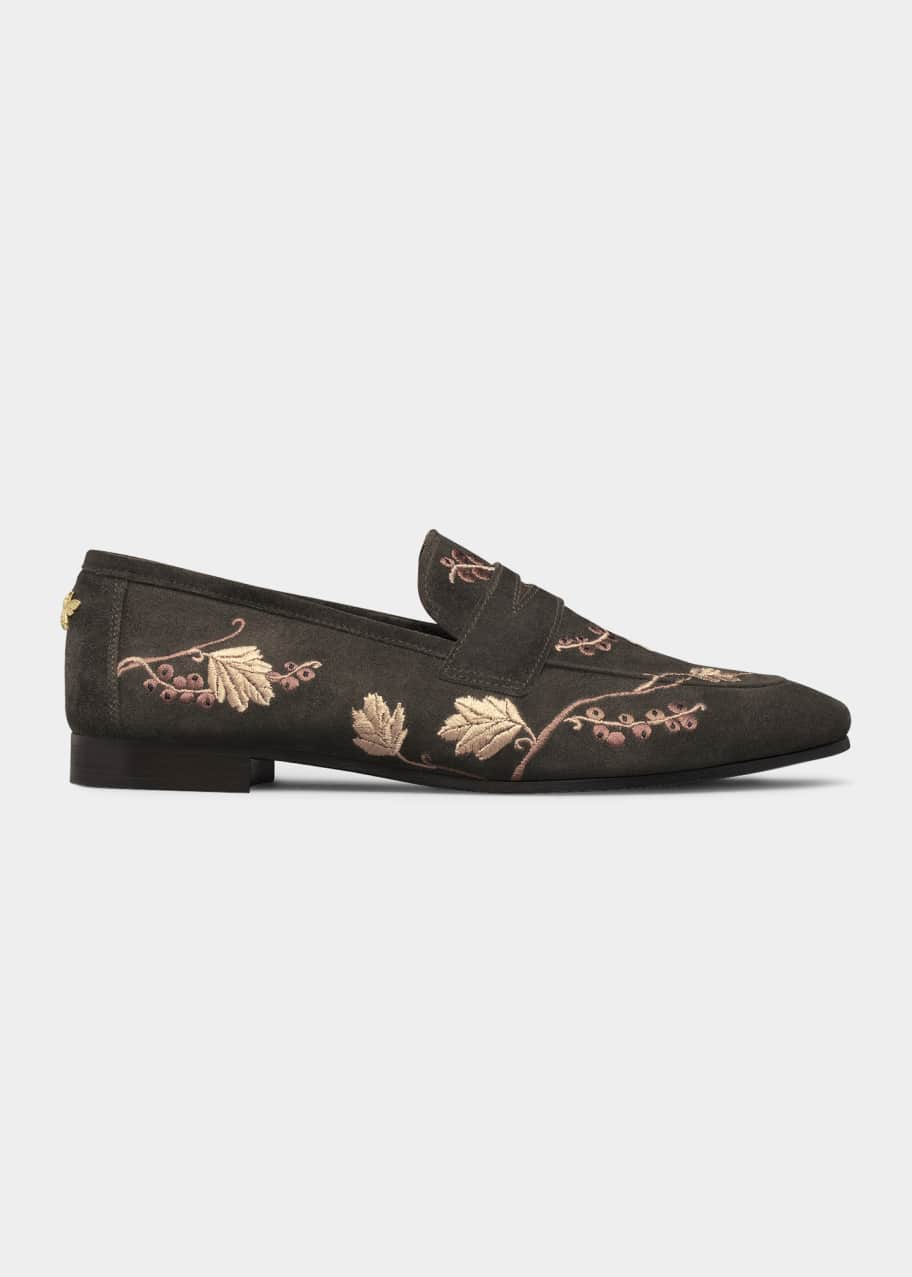 Image 1 of 1: Flaneur Floral Embroidered Penny Loafers