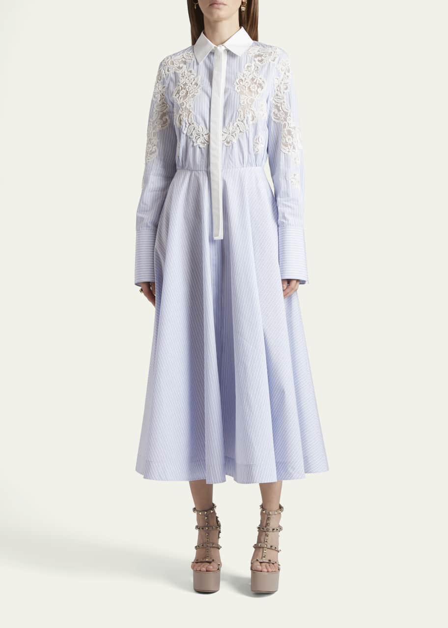 Valentino Garavani Stripe Lace-Embroidered Poplin Midi Dress