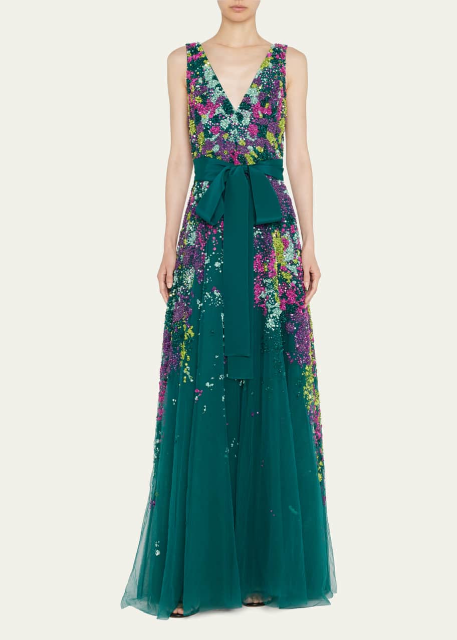 Elie Saab Degrade Beaded Tulle Gown W/ Sash - Bergdorf Goodman