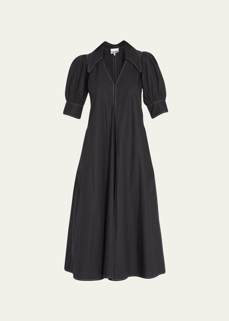 Image 1 of 1: Poplin Puffed-Sleeve Topstitched Midi Dress