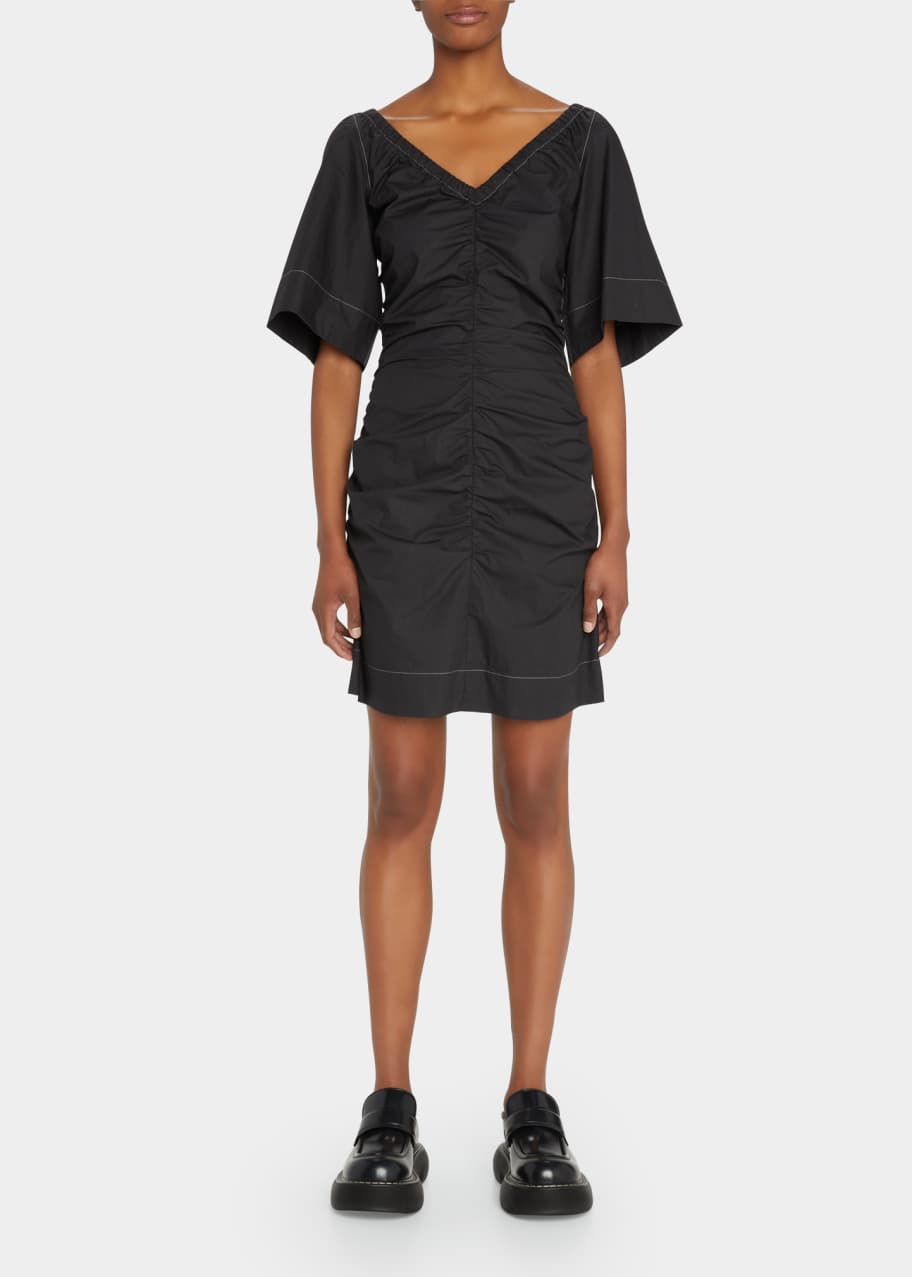 Ganni Poplin Front-Ruched V-Neck Mini Dress Bergdorf Goodman