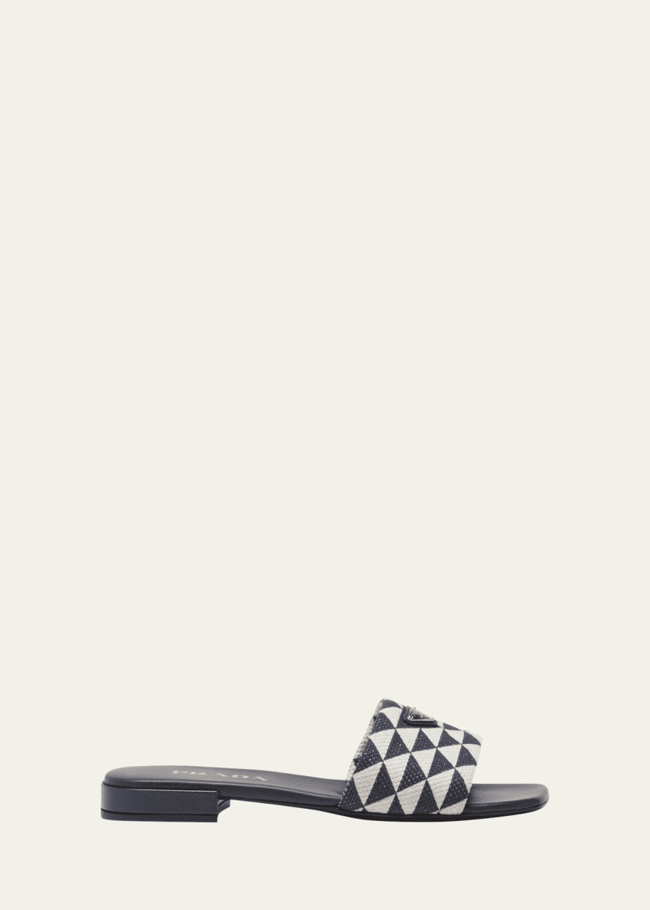サンダル・ミュール Prada Triangle l Plaque Sandals Prada - White & Tan Triangle Jacquard Mule, 65mm