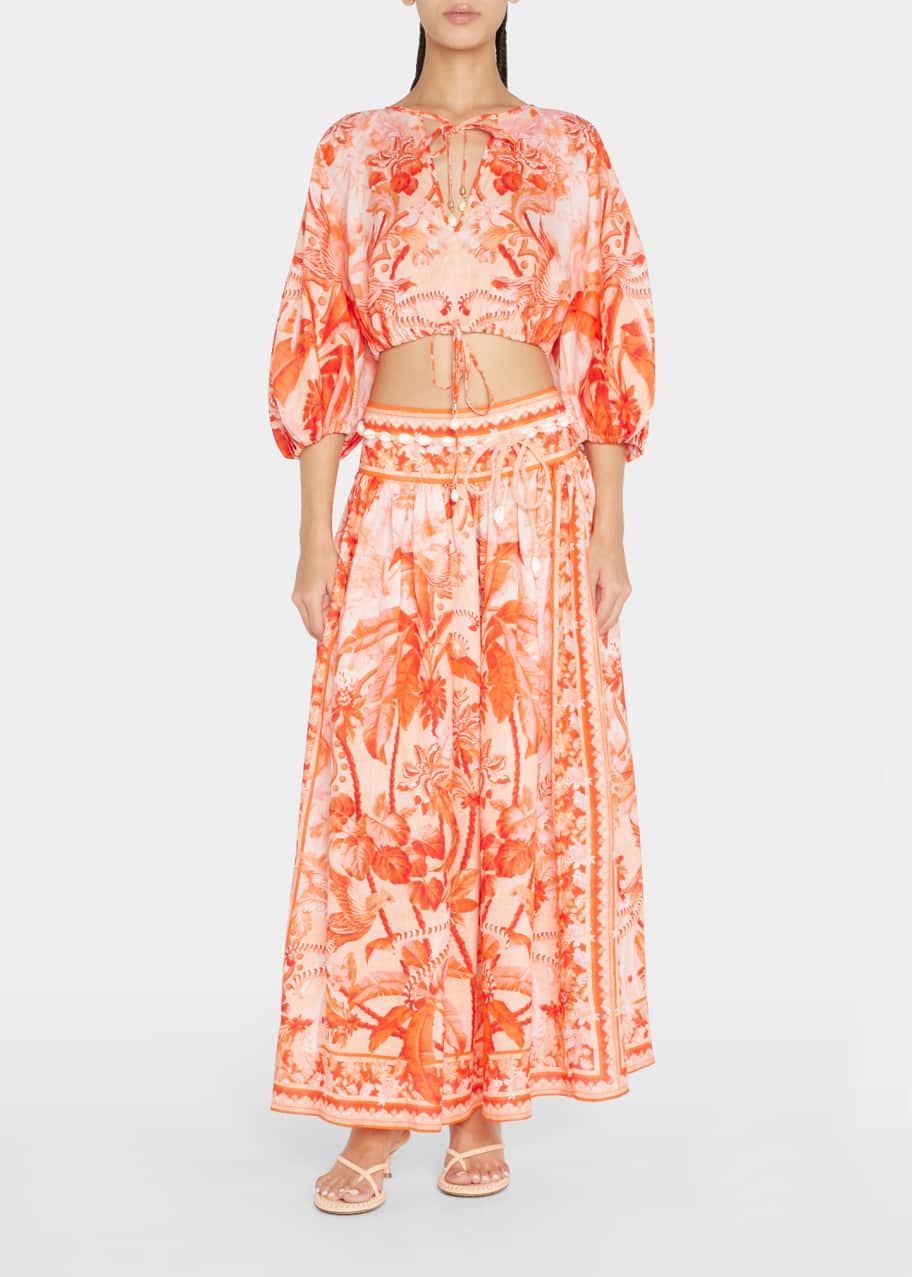 Zimmermann Lyre Printed Belted Linen Midi Skirt - Bergdorf Goodman