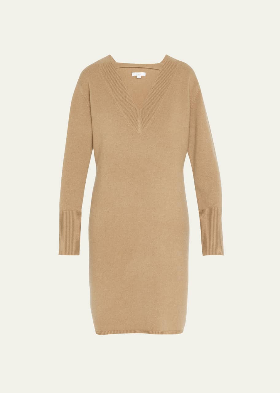 brown v neck sweater dress Women Solid Brown V-Neck Acrylic Long Sleeves Straight Hem Knitted Bodycon  Midi Sweater Dress main image 0