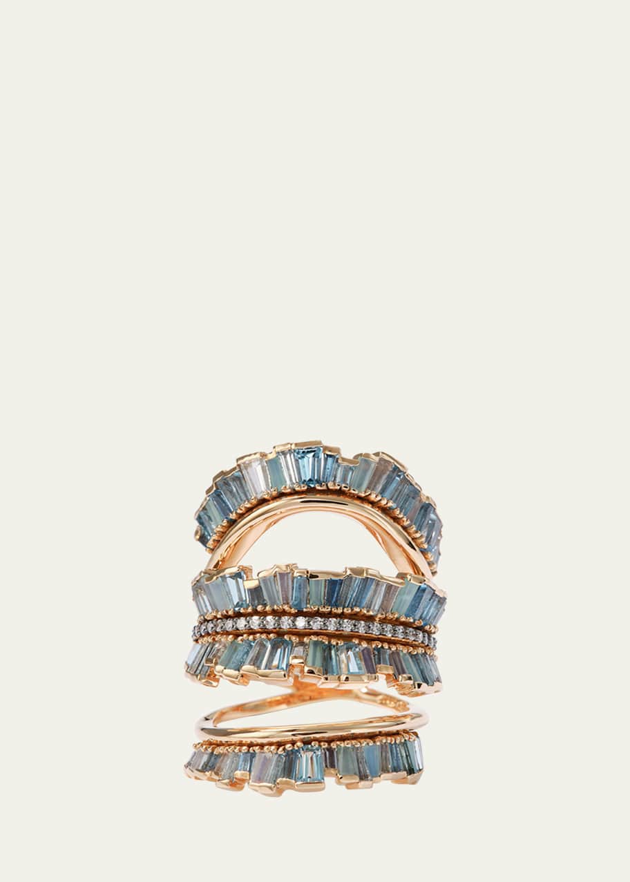 Image 1 of 1: Triple Ruched Ribbon Ring with Aquamarine, Blue Moonstone, Blue Peruvian Opal and White Diamond Pave