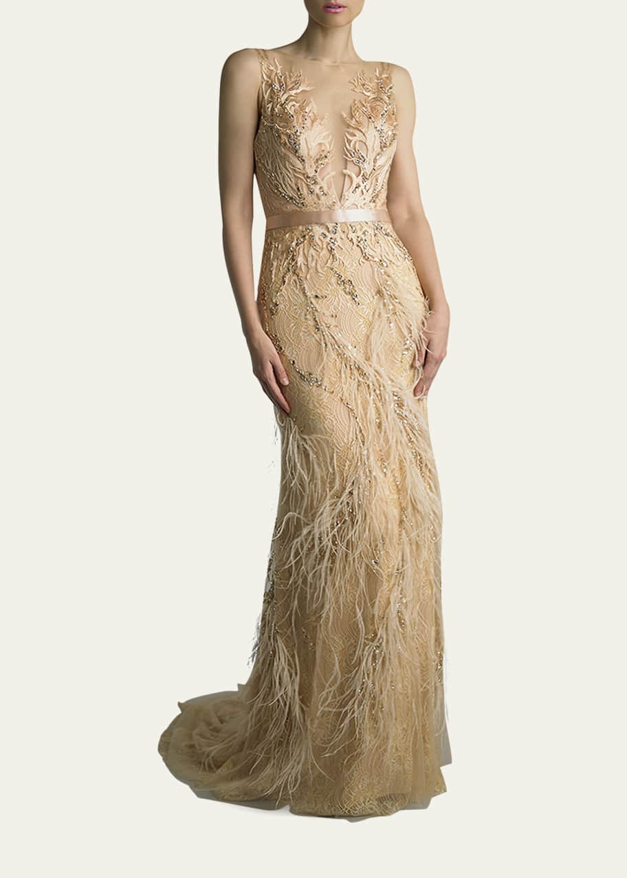Basix Feathered Lace Deep VNeck Gown Bergdorf Goodman