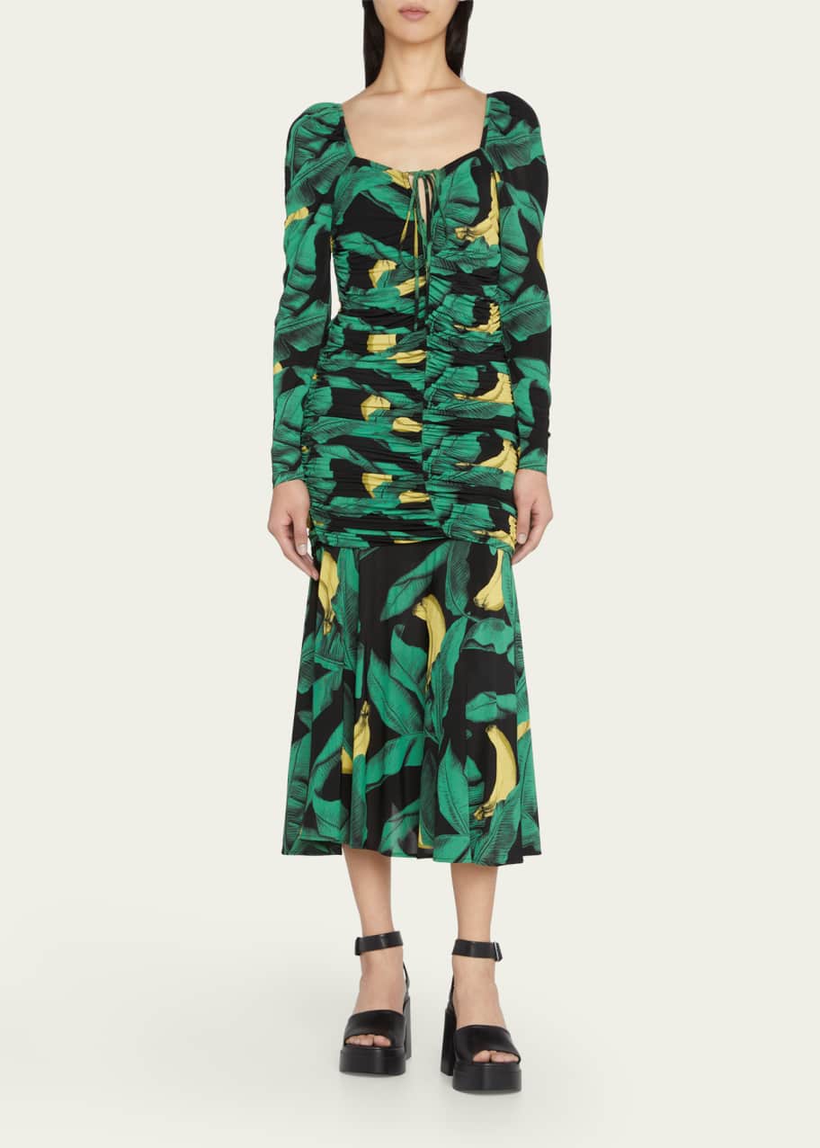 Ganni Tropical Ruched A-Line Midi Dress - Bergdorf Goodman