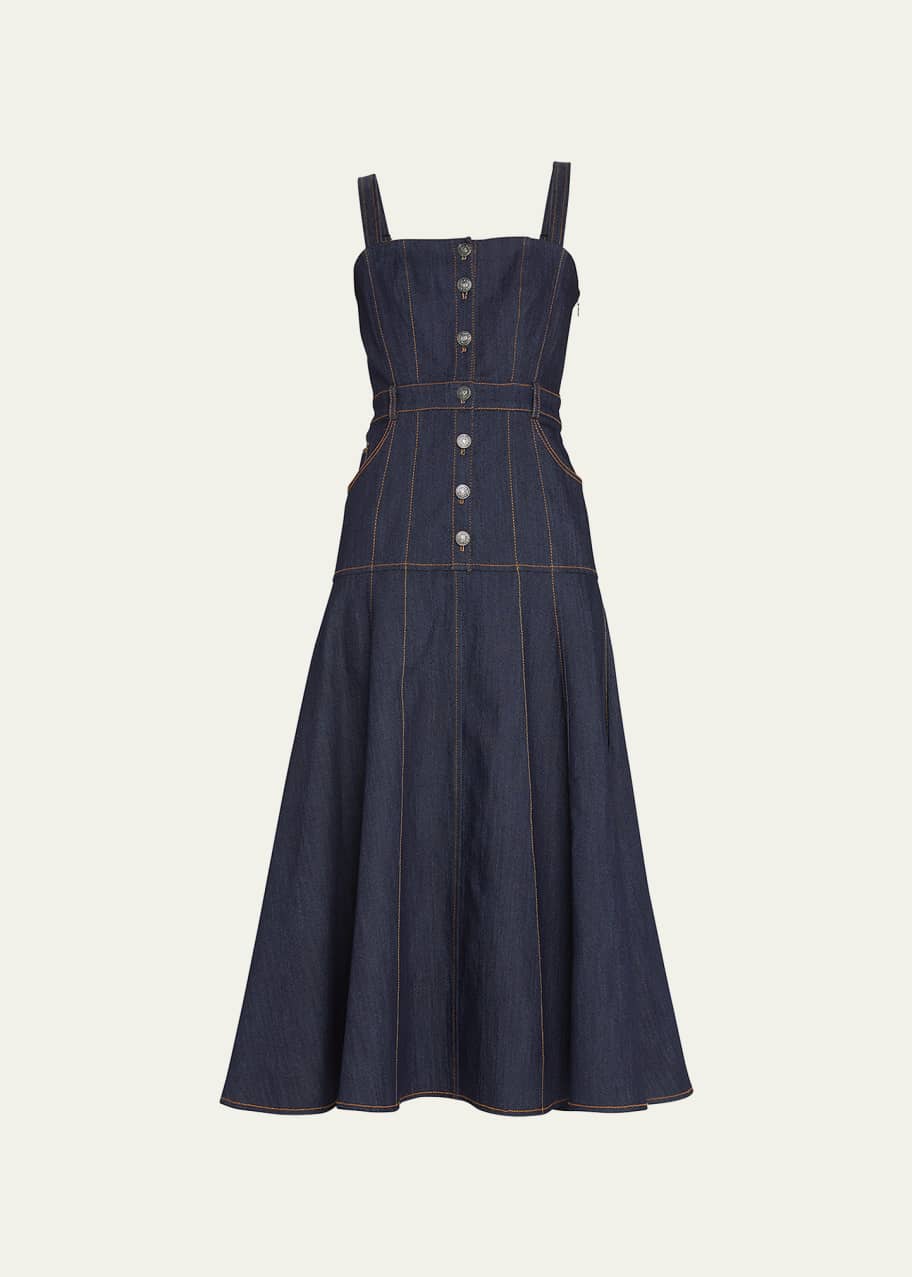 Image 1 of 1: Veena Denim Button-Front Fit-&-Flare Midi Dress