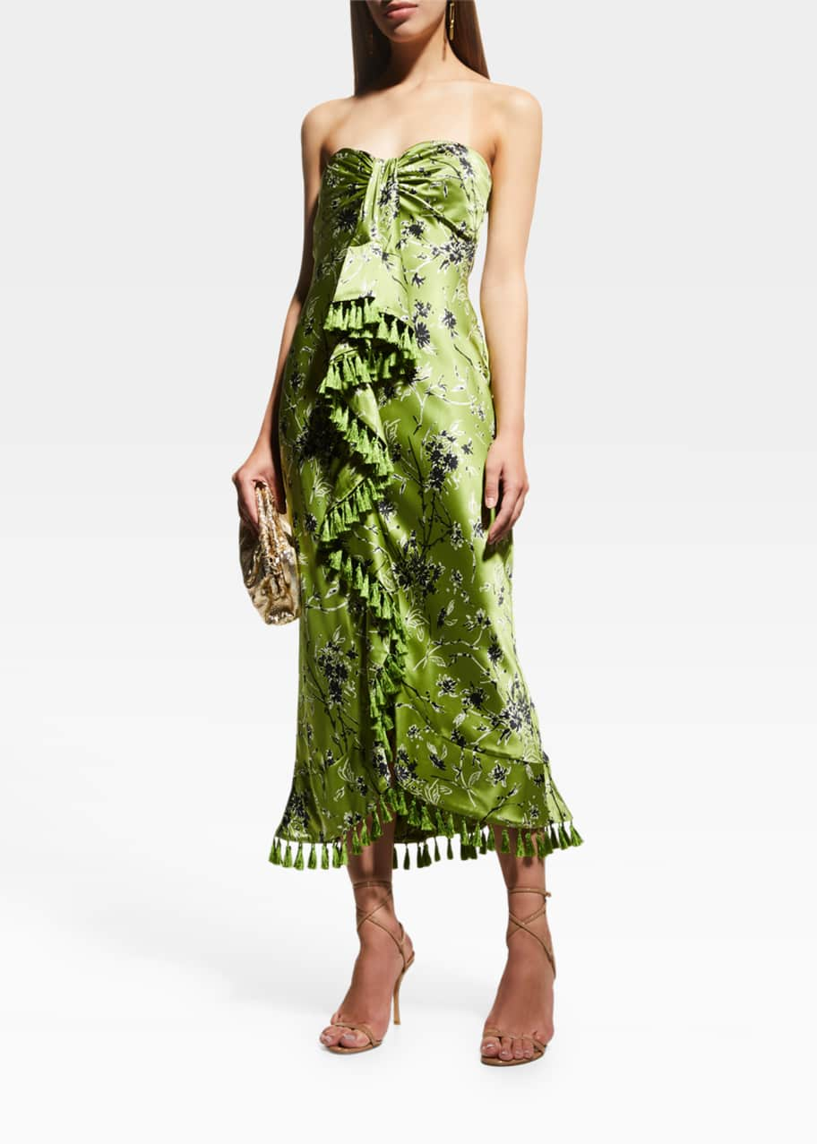 Cinq a Sept Elise Silk Strapless Wildflower Printed Ruffle Tassel Midi ...