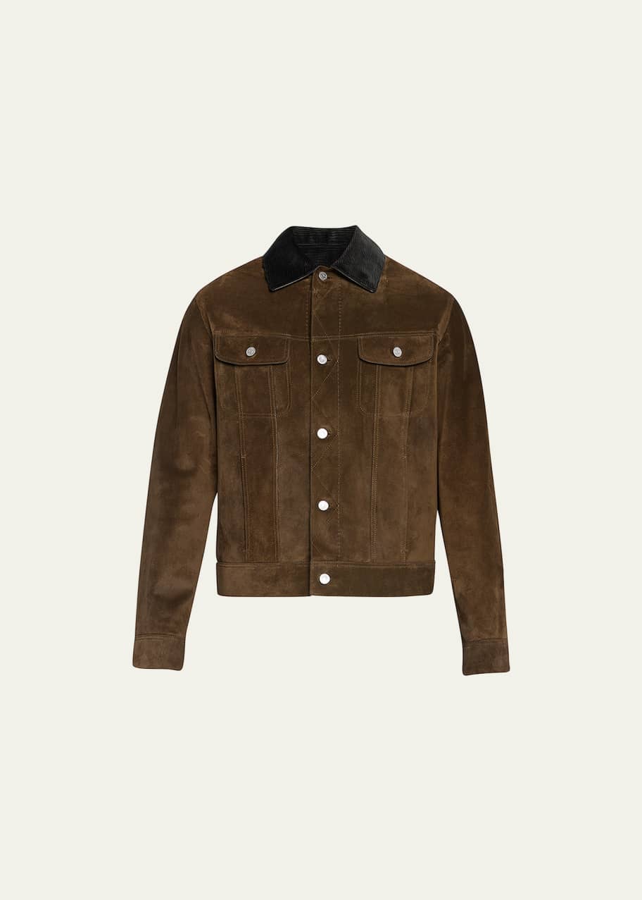Image 1 of 1: Men's Corduroy Collar Suede Leather Jacket