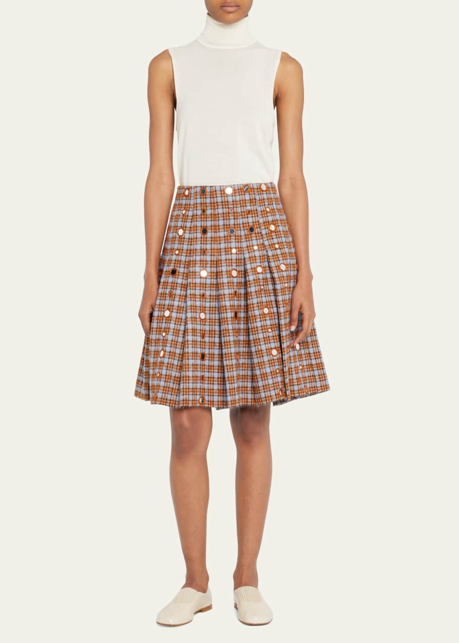 Image 1 of 1: Sitar Plaid Mirror-Embellished Pleated Skirt