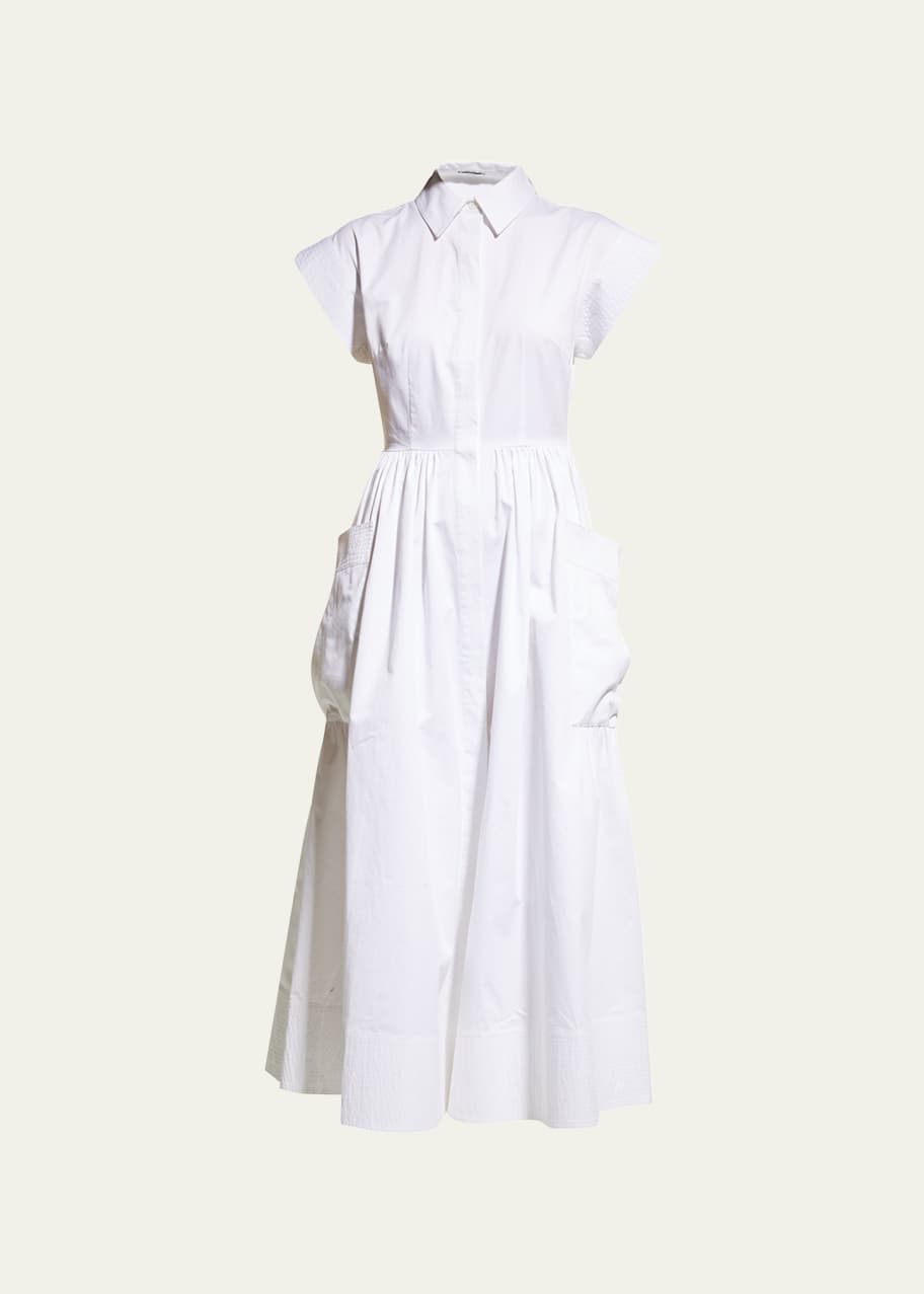 Image 1 of 1: Cap-Sleeve Poplin Midi Dress