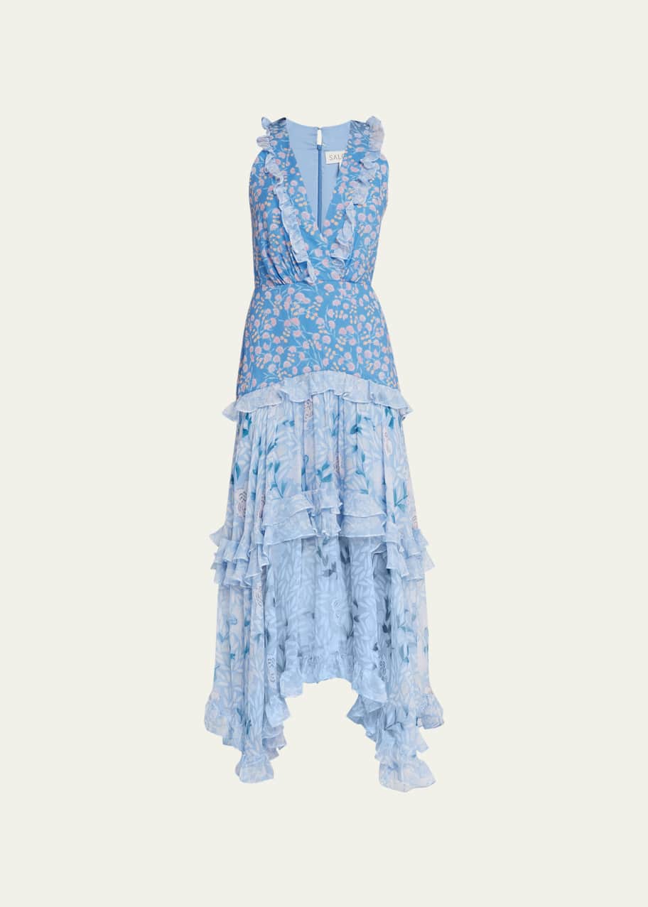 Saloni Floral Ruffle Tiered V-Neck Midi Dress - Bergdorf Goodman