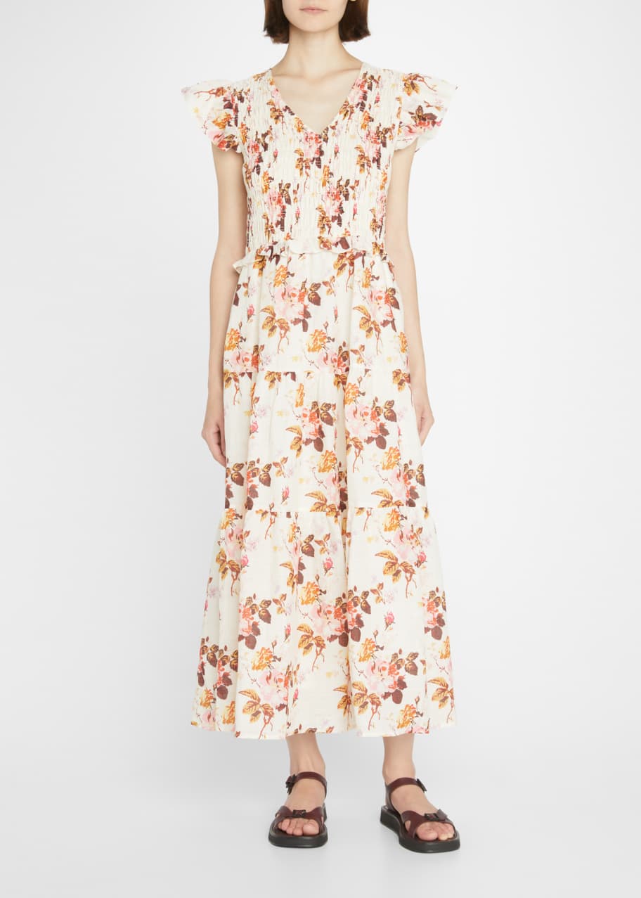 knee length dresses for ladies Sleeveless Floral Satin Ruffled Strap Smocked Tiered Midi Dress – Riley  Reigh / Mod Market main image 0