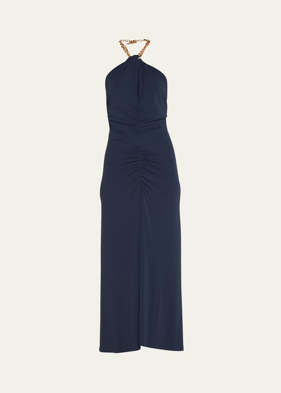Veronica Beard Reze Jersey Chain HalterNeck Ruched Maxi Dress