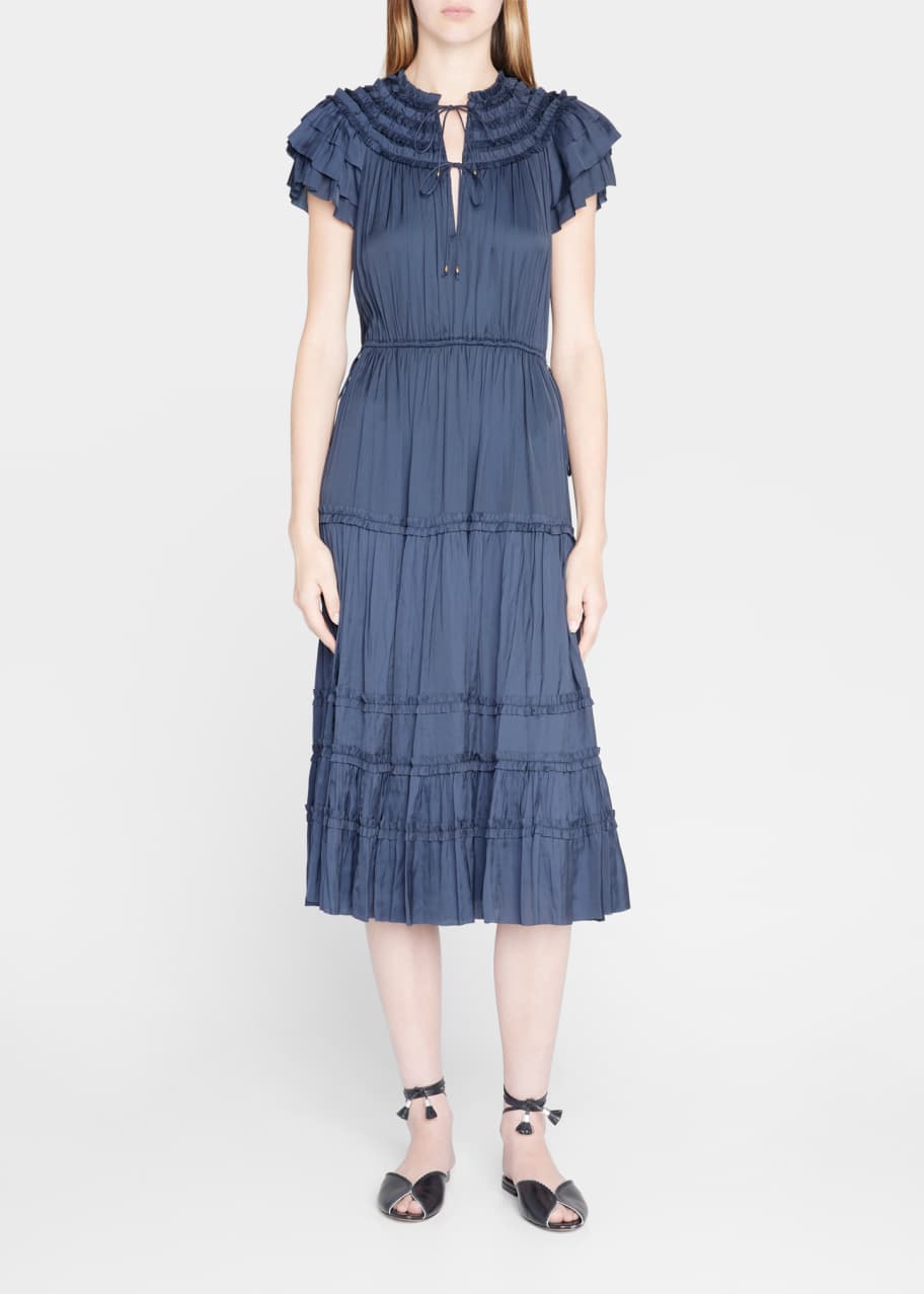 Ulla Johnson Isadora Tiered-Sleeve Satin Plisse Midi Dress - Bergdorf  Goodman