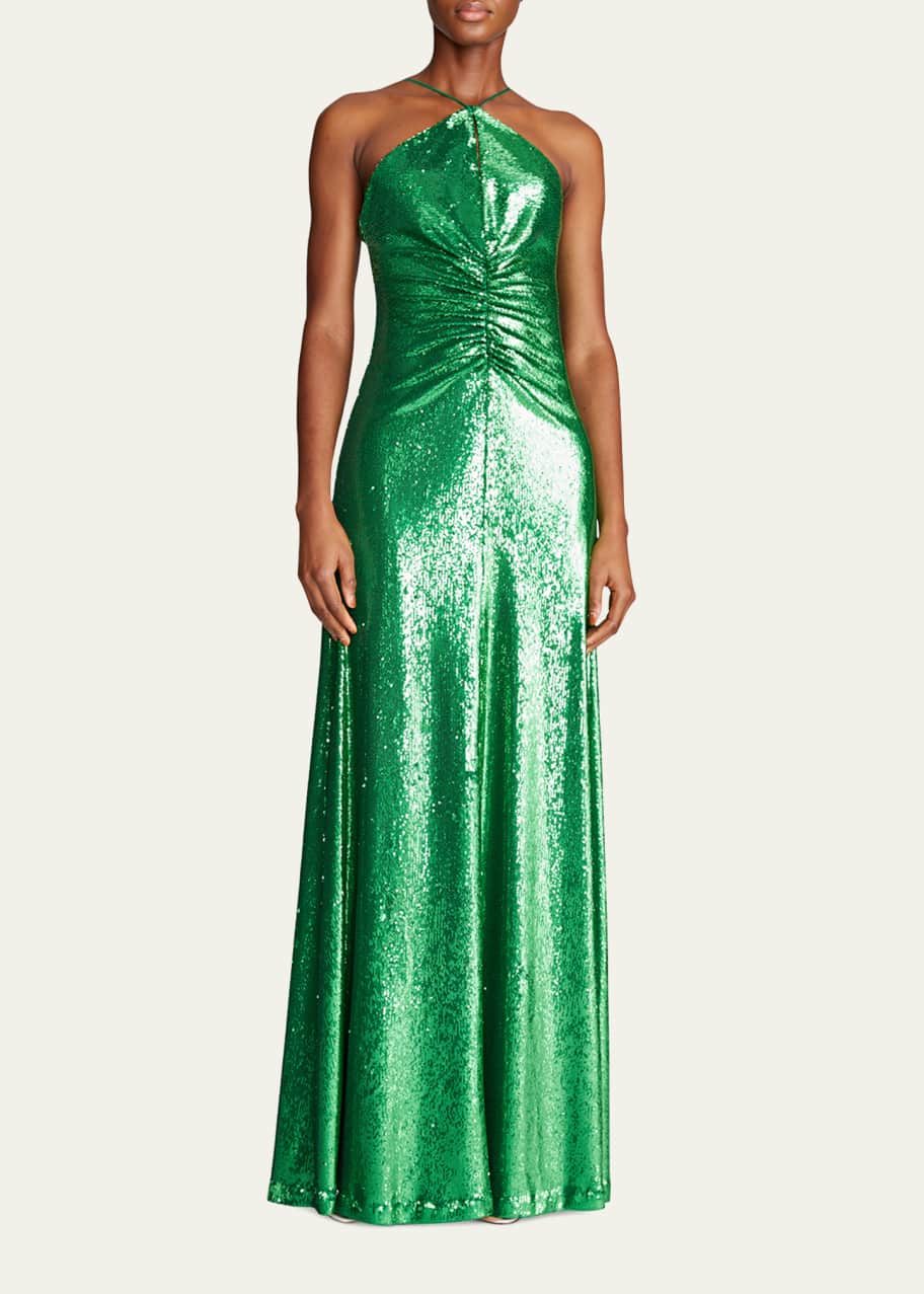 Halston Ruched Sequin Halter Gown - Bergdorf Goodman