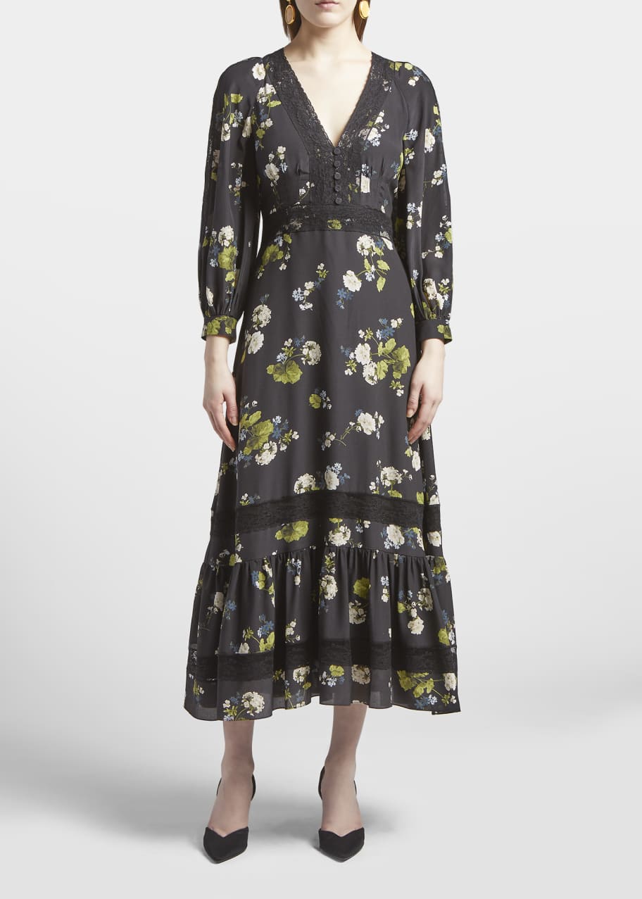 Erdem Magdalene Garden-Print Lace-Trim Maxi Silk Dress - Bergdorf Goodman