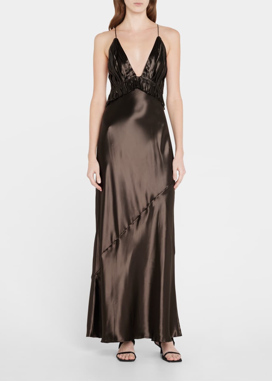 khaite satin dress Khaite Nirva Open-Back Pleated Satin Bias Maxi Dress