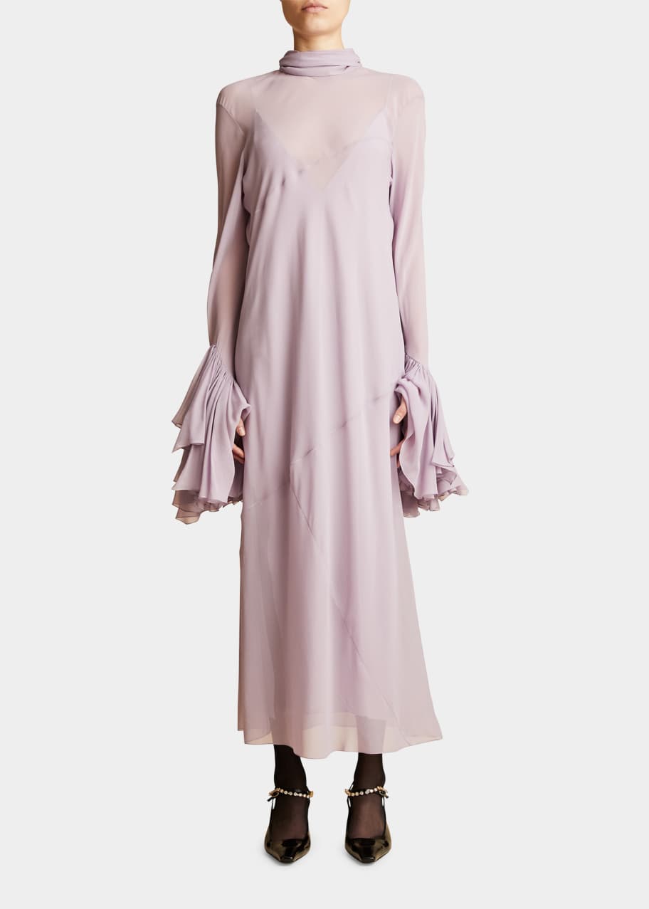 Khaite Evi Semi-Sheer Fluted-Sleeve Dress with Slip - Bergdorf Goodman